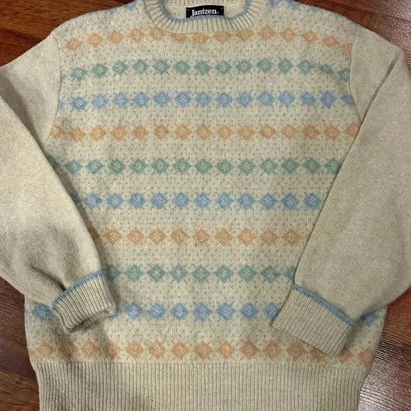 Vintage Jantzen Sweater XL 90s Geometric USA Made Roundneck Wool Blend - Picture 1 of 5